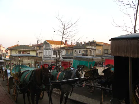 Horse-drawn carriages (faytons) lined up on a street in Büyükada