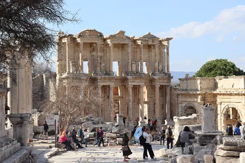 The two-story columned facade of the ancient Library of Celsus at Ephesus